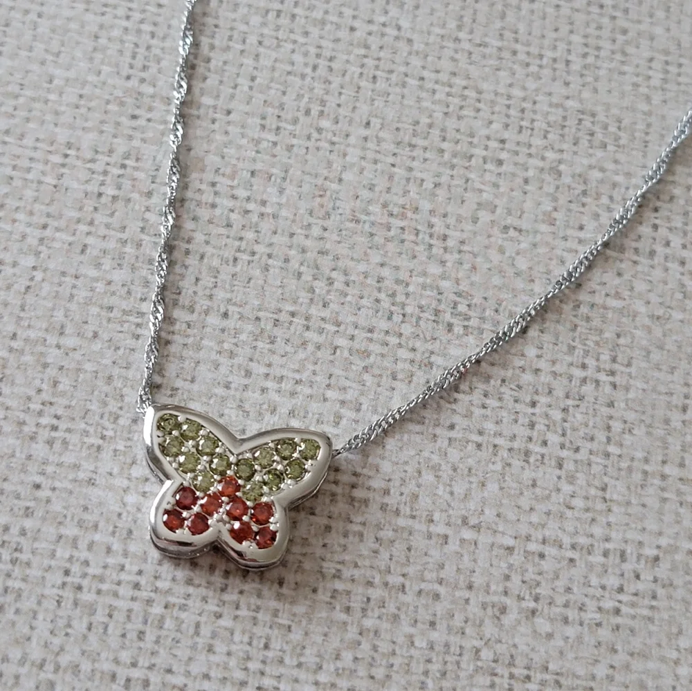 Gemstone Pave Butterfly Necklace Red and Green 18k white gold filled 925 Silver